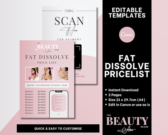 Fat Dissolve Price List, Services Menu, Payment Methods, Editable Canva Templates