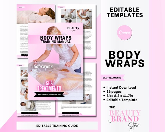Body Wraps Guide, Spa Treatments Training Manual, Tension Wraps, Hot Wraps, Cocoon Wrap, Student or Tutor, Editable Canva Template