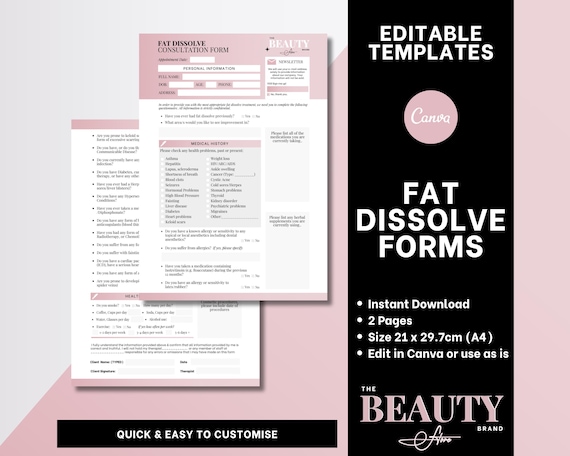 Fat Dissolve Consultation & Consent Forms, Editable Canva Templates