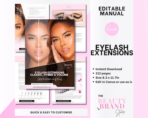 Lash Training Manual, Eyelash Extensions Course, Classic, Hybrid, Volume, Editable Lash Guide, Lash Training Template, Edit in Canva