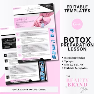 Botoxvoorbereiding Stapsgewijze lesspiekbriefjes, esthetiekbeoefenaar, kliniek voor esthetiek, medspa, botulinumtoxines, pdf, bewerken in canva