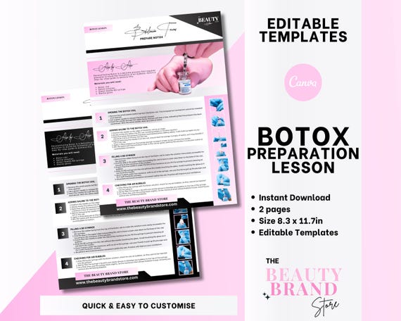 Botox Preparation Step by Step Lesson Cheat Sheets, Aesthetics Practitioner, Aesthetics Clinic, Medspa, Botulinum Toxins, PDF, Edit in Canva
