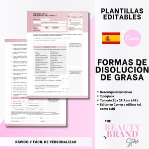 Emballage professionnel espagnol pour dissoudre les graisses, formulaire de consultation, consentement, soins avant et après les soins, Formulario Consentimiento Dissolver Grasas, modifier sur Canva