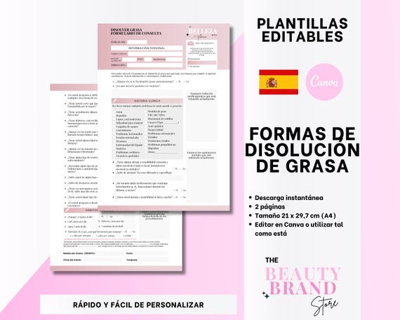 Spanish Fat Dissolve Office Packet, Consultation Form, Consent, Pre & Post Care, Formulario Consentimiento Disolver Grasas, Edit in Canva