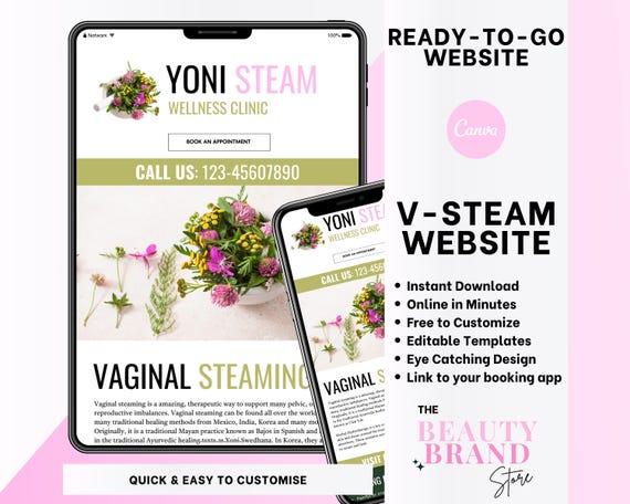 Yoni Steam Website, V Steam Website, Editable Canva Website, Womens Wellness Site, Simple DIY Website, Go live within the hour! Instant Site
