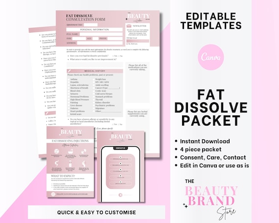 Fat Dissolve Consent Forms, Aftercare and Contact Card, Client Care, Post Treatment Care, Consultation Forms, Pink, Editable Canva Template