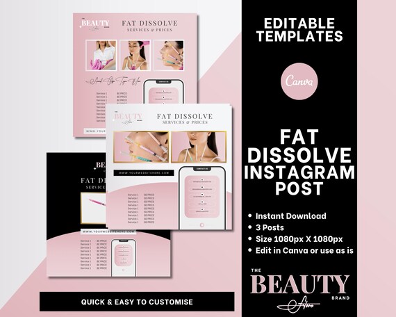 Fat Dissolve Instagram Posts, Price List, Services Menu, Editable Canva Templates
