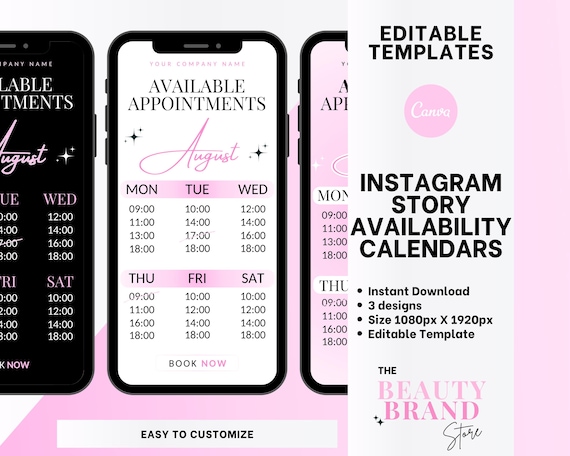 Weekly Availability Calendar Instagram Story, Available Appointments Calendar, Insta Stories Schedule, Pink, Beauty Template, Edit in Canva