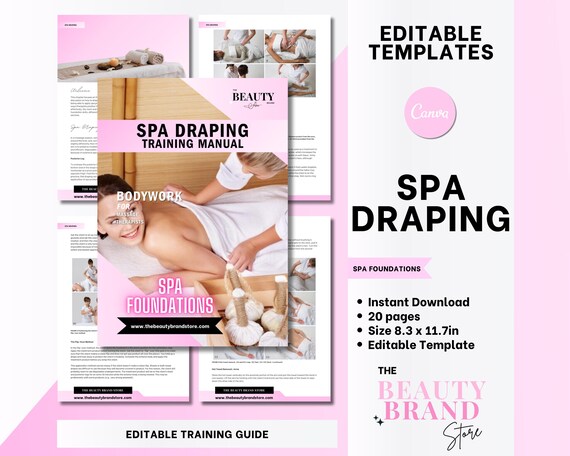 Spa Draping Training Manual, Client Positioning, Spa Foundations, Massage Therapists, Spa Work, Student, Educator, Editable Canva Template
