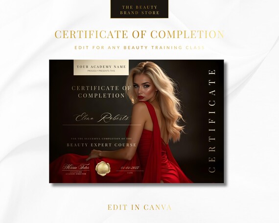 Editable Beauty Academy Certificate of Completion, Canva Template (Digital Download)
