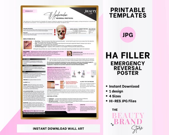 Emergency Reversal for Hyaluronic Acid Fillers Poster, Aesthetics Clinic Wall Art, Nurse Injector, Medspa, Printable HI-Res PNGs