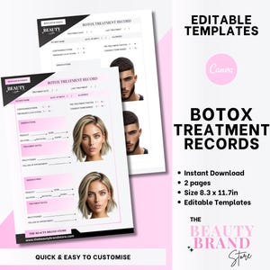 Registros de tratamiento de pacientes con botox, formularios editables para centros de salud y enfermeras inyectoras, gráficos de mapeo de inyecciones faciales, hombres, mujeres, edición en Canva