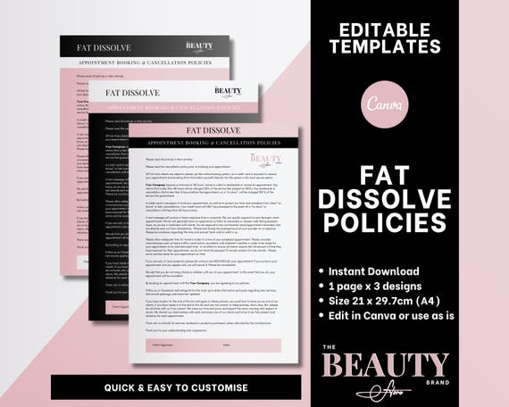 Fat Dissolve Policies for Appointments and Cancellations, Print out or Post Online or on your website, Editable Canva Templates