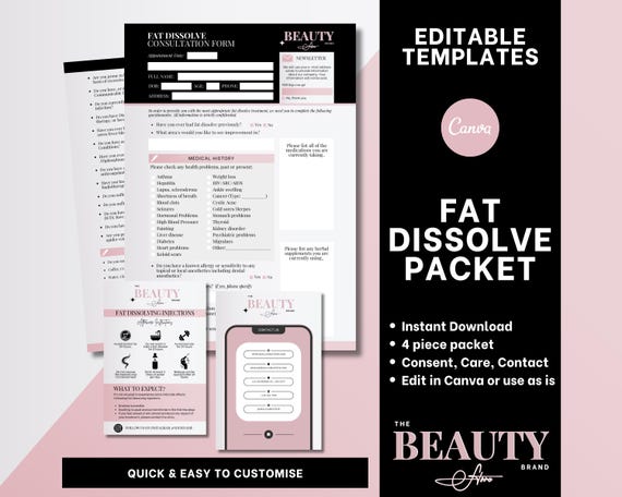 Fat Dissolve Consent Forms, Aftercare and Contact Card, Client Care, Post Treatment Care, Consultation Forms, Editable Canva Template