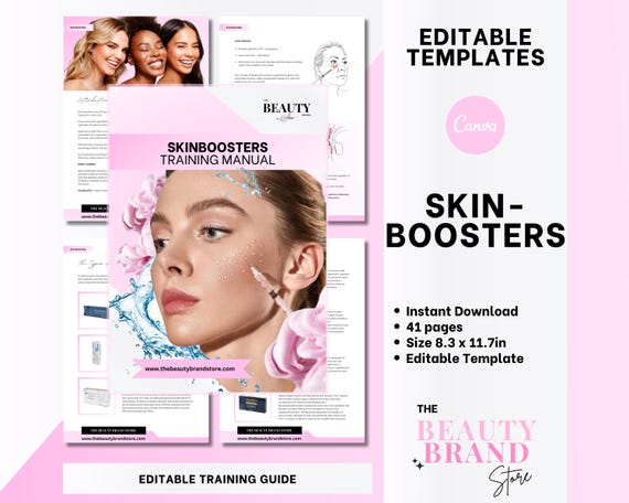 Skinboosters Training Manual, Skin Booster Injections Guide, Student or Tutor Training Resources, Editable Canva Template + PDF eBook