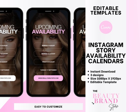 Weekly Availability Calendar Instagram Story, Available Appointments Calendar, Insta Stories Schedule, Pink, Beauty Template, Edit in Canva