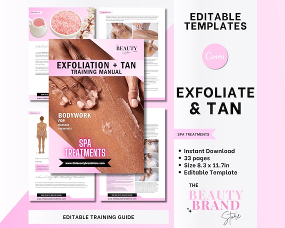 Exfoliate & Tan Guide, Spa Treatments Training Manual, Body Polish, Dry Skin Brushing, Body Scrub, Student or Tutor, Editable Canva Template