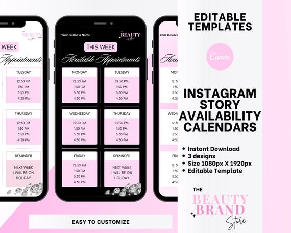 Weekly Availability Calendar Instagram Story, Available Appointments Calendar, Insta Stories Schedule, Pink, Beauty Template, Edit in Canva