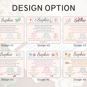 May include: Six design options for a game, each with the name "Sophie" at the top. Each design includes rules and instructions for the game, with text such as "Charleston", "Dragons", and "Dots-WhiteSoaps".