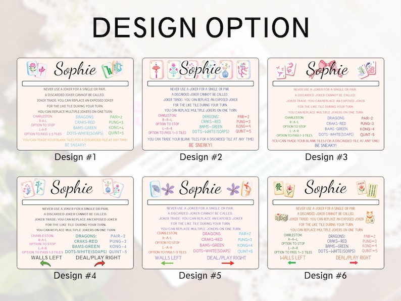 May include: Six design options for a game, each with the name "Sophie" at the top. Each design includes rules and instructions for the game, with text such as "Charleston", "Dragons", and "Dots-WhiteSoaps".