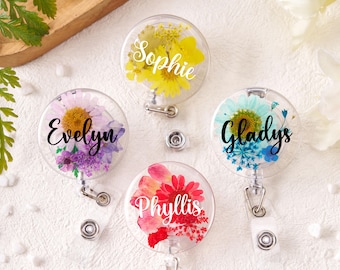 Personalized Dried Flower Badge Holder,Custom Name Badge Reel,Resin Badge Reel For Nurse,RN Badge Holder,Gift for Doctor/Therapist/Teacher