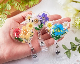 Personalized Real Flower Badge Reel,Custom Nurse Badge Holder,Teacher Gifts,Therapist Gifts,Nurse ID Badge Holder,Retractable Name RN Badge