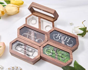 Personalized Wooden Wedding Ring Box with Clear Acrylic Cover,Custom Wood Ring Bearer Engagement Gifts Proposal Holder,Bridal Gifts For Her