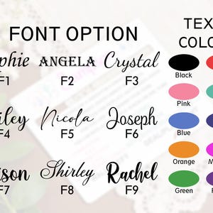 May include: Image showcasing font and color options. The text displays various font styles with names like Sophie, Angela, and Crystal. Color swatches include black, red, pink, mint, blue, navy, orange, magenta, green, and purple.