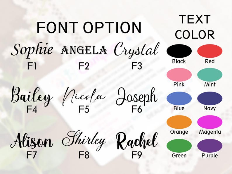 May include: Image showcasing font and color options. The text displays various font styles with names like Sophie, Angela, and Crystal. Color swatches include black, red, pink, mint, blue, navy, orange, magenta, green, and purple.
