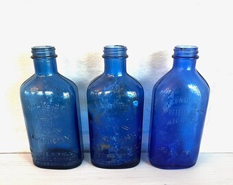 Vintage Cobalt Blue Medicine Bottles, Blue Glass Bottles, Phillips Milk of Magnesia, Antique Bottles, Rustic Bottles, Farmhouse Decor