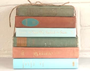 Vintage Books, Farmhouse Books, Green and Rust Books, Staging Books, Antique Books, Decorating Books, Rustic Bookshelf Decor, Old Book Stack
