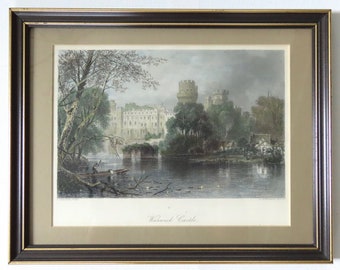 Antique English Castle Art Print, Warwick Castle, P. Skelton, Circa 1880, Famous Medieval Castle Print, English Landscape Print