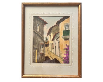 Village Watercolor, Vintage Art, Framed Painting, Cobblestone Street Village, Watercolor Painting, Collectors Art, Landscape Painting