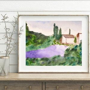 Provence Lavender Field Landscape Painting, Farmhouse Art, Purple Countryside, Giclee Print, Watercolor Painting-&quot;Lavender Fields&quot;