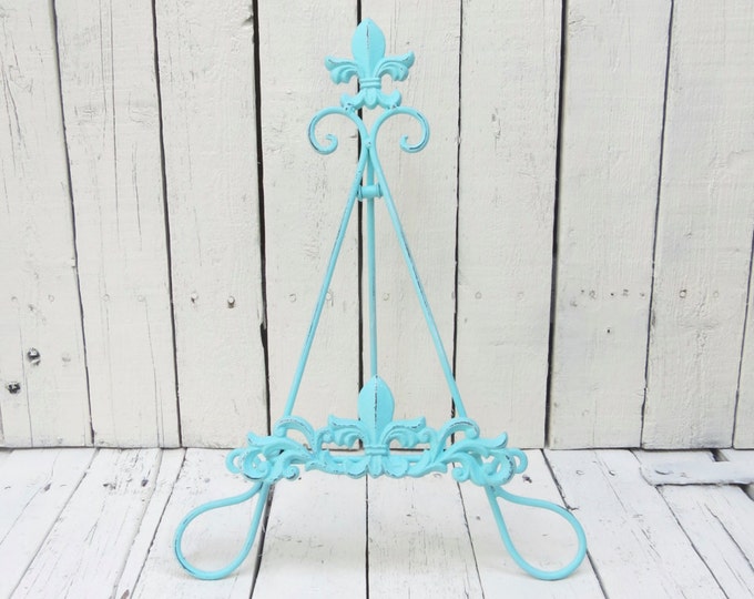 Aqua Metal Book Easel, Art Prop, Shabby Cottage Chic, Fleur De Lis