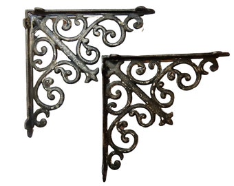 Rustic Black Shelf Brackets, French Country Farmhouse Decor, Fixer Upper Decor, Ornate Wall Door Brackets, Weathered Architectural Detail
