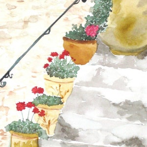 May include: A watercolor painting of a set of stone steps with four terracotta pots filled with green plants and red flowers. The steps are painted in shades of gray and white, and the pots are decorated with a yellow glaze. A black metal railing is visible in the background.