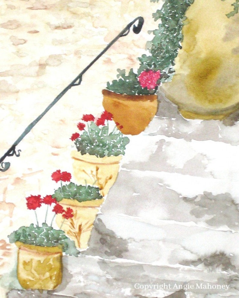 May include: A watercolor painting of a set of stone steps with four terracotta pots filled with green plants and red flowers. The steps are painted in shades of gray and white, and the pots are decorated with a yellow glaze. A black metal railing is visible in the background.