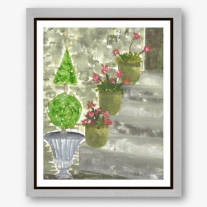 Topiary Art Print, Geranium Print, Red Flower Painting, Flower Garden Art, Landscape Art, Giclee Print, Watercolor Painting- &quot;Topiary&quot;