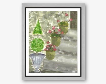 Topiary Art Print, Geranium Print, Red Flower Painting, Flower Garden Art, Landscape Art, Giclee Print, Watercolor Painting- "Topiary"