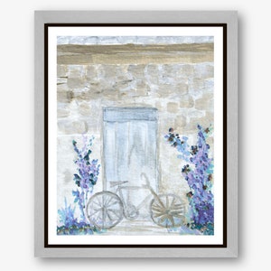 Bicycle Art Print, Cottage Farmhouse Country Landscape, Blue Door Art, Reproduction Giclee Print, Watercolor Painting Bicycle image 1