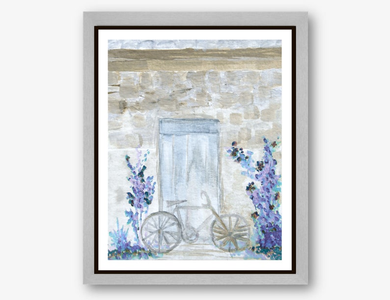 Bicycle Art Print, Cottage Farmhouse Country Landscape, Blue Door Art, Reproduction Giclee Print, Watercolor Painting Bicycle image 1