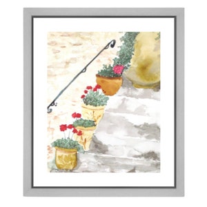 Flower Pot Watercolor, Geranium Red Flower Print, Flower Painting, French Cottage Art, Garden Art, Giclee Print, Fine Art Painting- &quot;Steps&quot;