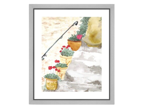 Flower Pot Watercolor, Geranium Red Flower Print, Flower Painting, French Cottage Art, Garden Art, Giclee Print, Fine Art Painting- "Steps"