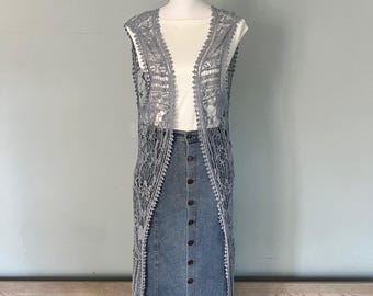 Vintage Blue Crochet Boho Duster: Long Bohemian Chic Top