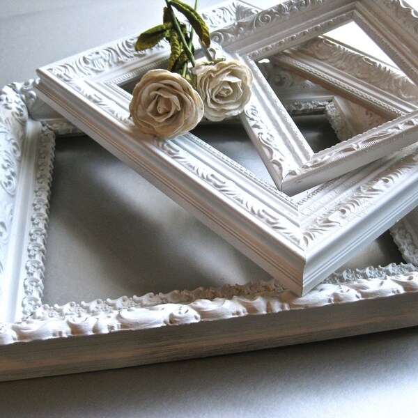 Vintage White Frames, Ornate Frames, Shabby and Chic, Cottage Chic, French Country, Rustic Farmhouse, Mantel Decor, Frame Grouping