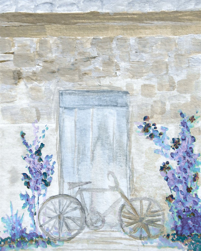 Bicycle Art Print, Cottage Farmhouse Country Landscape, Blue Door Art, Reproduction Giclee Print, Watercolor Painting Bicycle image 2