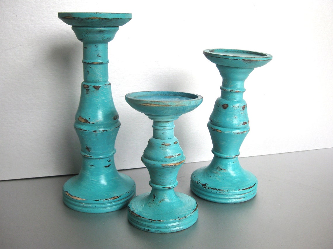 Turquoise Candle Pillars Wood Candle Holders Rustic Etsy