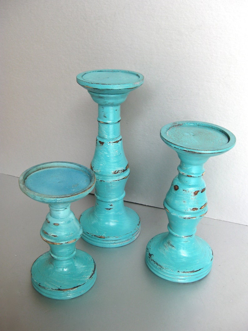 Turquoise Candle Pillars Wood Candle Holders Rustic Etsy