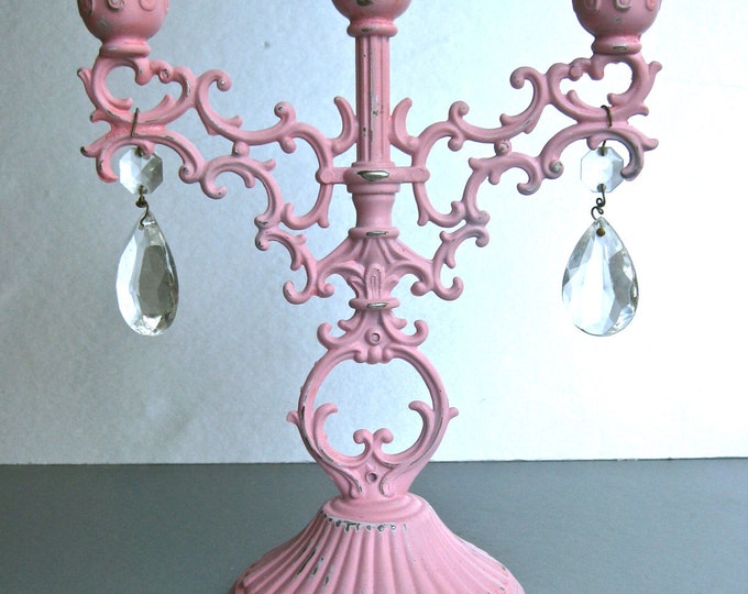 Vintage Pink Candelabra, Candle Holder, Crystals, Shabby and Chic, Cottage Chic, Paris Apartment